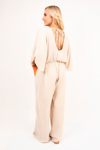 Wide Leg V Neck Jumpsuit with Back Tie Detail