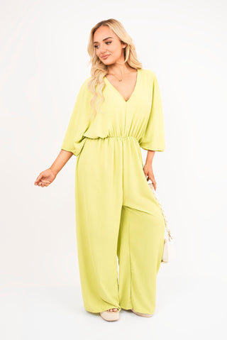 Wide Leg V Neck Jumpsuit with Back Tie Detail