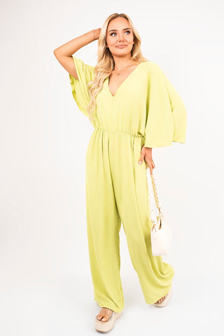 Wide Leg V Neck Jumpsuit with Back Tie Detail