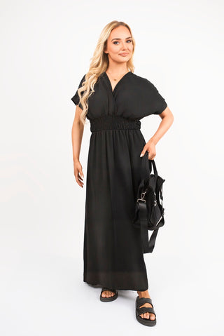V Neck Short Sleeve Maxi Dress with Shirred Waist