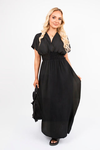 V Neck Short Sleeve Maxi Dress with Shirred Waist