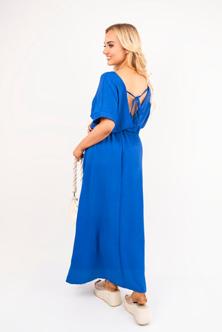 V Neck Short Sleeve Maxi Dress with Shirred Waist