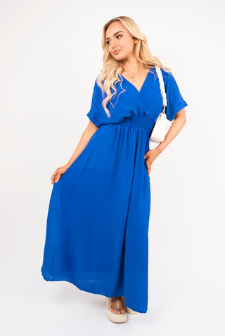 V Neck Short Sleeve Maxi Dress with Shirred Waist