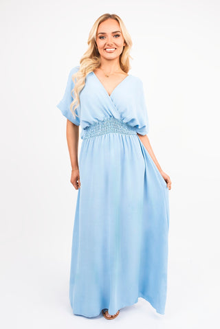 V Neck Short Sleeve Maxi Dress with Shirred Waist