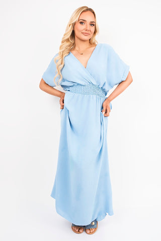 V Neck Short Sleeve Maxi Dress with Shirred Waist