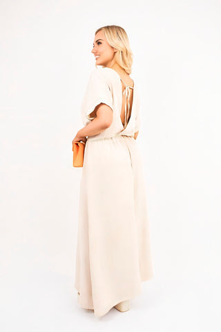 V Neck Short Sleeve Maxi Dress with Shirred Waist