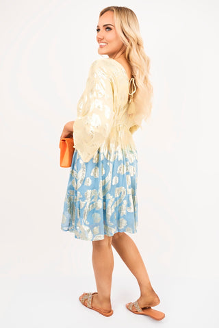 V Neck Long Sleeve Mini Dress with Metallic Tassel Detail