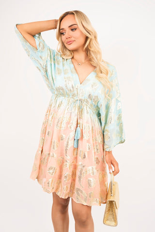 V Neck Long Sleeve Mini Dress with Metallic Tassel Detail