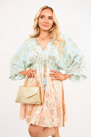 V Neck Long Sleeve Mini Dress with Metallic Tassel Detail