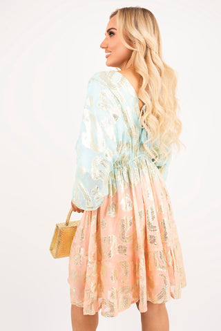 V Neck Long Sleeve Mini Dress with Metallic Tassel Detail