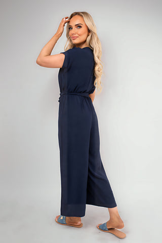 Wrap Short Sleeve Wide Leg Jumpsuit with Tie Waist