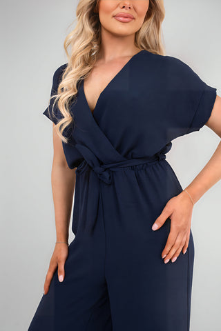 Wrap Short Sleeve Wide Leg Jumpsuit with Tie Waist