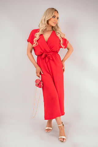 Wrap Short Sleeve Wide Leg Jumpsuit with Tie Waist