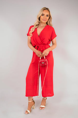 Wrap Short Sleeve Wide Leg Jumpsuit with Tie Waist
