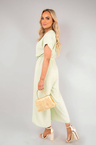 Wrap Short Sleeve Wide Leg Jumpsuit with Tie Waist