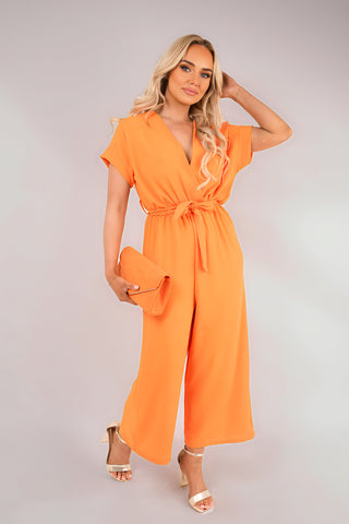 Wrap Short Sleeve Wide Leg Jumpsuit with Tie Waist