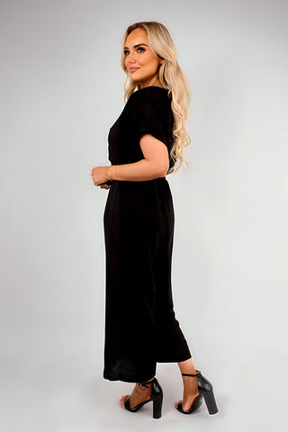 Wrap Short Sleeve Wide Leg Jumpsuit with Tie Waist