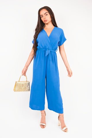 Wrap Short Sleeve Wide Leg Jumpsuit with Tie Waist