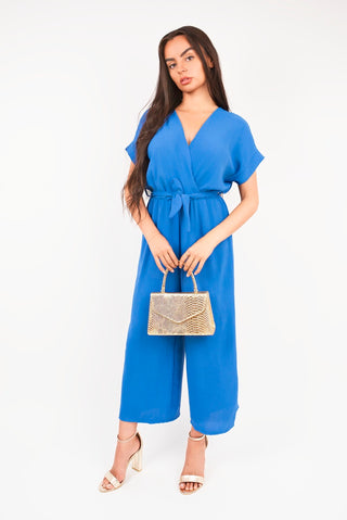 Wrap Short Sleeve Wide Leg Jumpsuit with Tie Waist