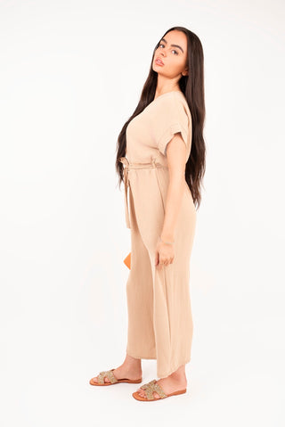 Wrap Short Sleeve Wide Leg Jumpsuit with Tie Waist