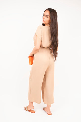 Wrap Short Sleeve Wide Leg Jumpsuit with Tie Waist