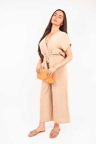 Wrap Short Sleeve Wide Leg Jumpsuit with Tie Waist