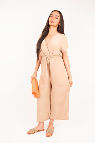 Wrap Short Sleeve Wide Leg Jumpsuit with Tie Waist