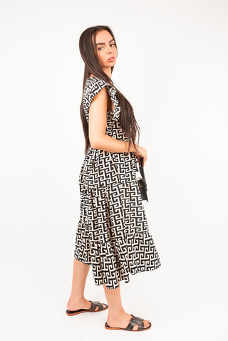 Printed Short Sleeve Tiered Midi Dress with Waist Tie
