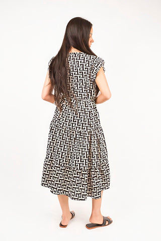 Printed Short Sleeve Tiered Midi Dress with Waist Tie