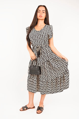 Printed Short Sleeve Tiered Midi Dress with Waist Tie