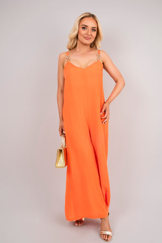Scoop Neck Wide Leg Sleeveless Jumpsuit with Strap Detail