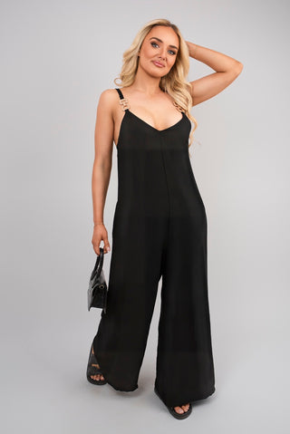Scoop Neck Wide Leg Sleeveless Jumpsuit with Strap Detail