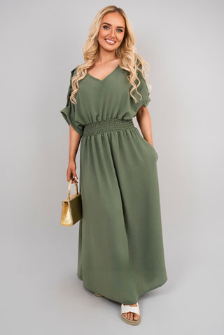 V Neck Short Sleeve Maxi Dress with Button Detail