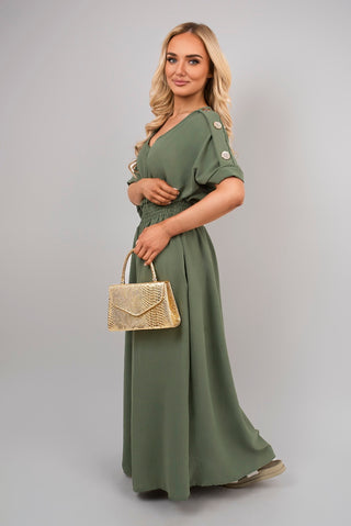 V Neck Short Sleeve Maxi Dress with Button Detail