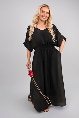 V Neck Short Sleeve Maxi Dress with Button Detail