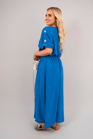V Neck Short Sleeve Maxi Dress with Button Detail