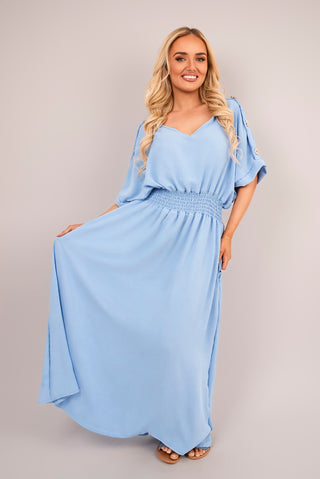 V Neck Short Sleeve Maxi Dress with Button Detail
