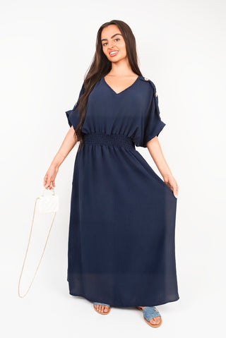 V Neck Short Sleeve Maxi Dress with Button Detail