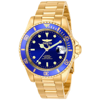 Gold-tone Invicta wristwatch with blue bezel.