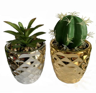 15cm Set of Two Silver and Gold Ceramic Planters with Artificial Cactus Dracaena