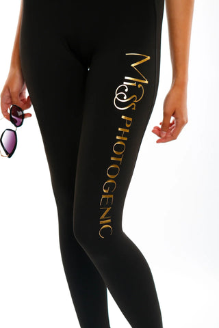 Black Gold Foil Logo Leggings Miss Photogenic