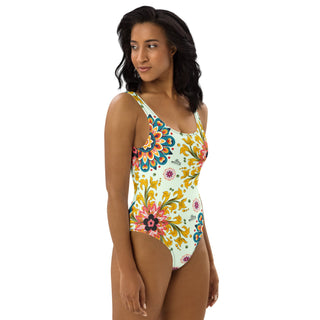 Exotic Flower Logo Print One-Piece Swimsuit - Mint Miss Photogenic