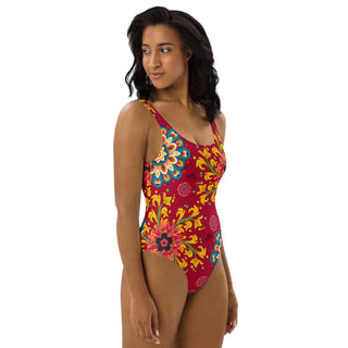 Exotic Flower Logo Print One-Piece Swimsuit - Wine Miss Photogenic