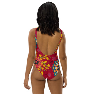 Exotic Flower Logo Print One-Piece Swimsuit - Wine Miss Photogenic