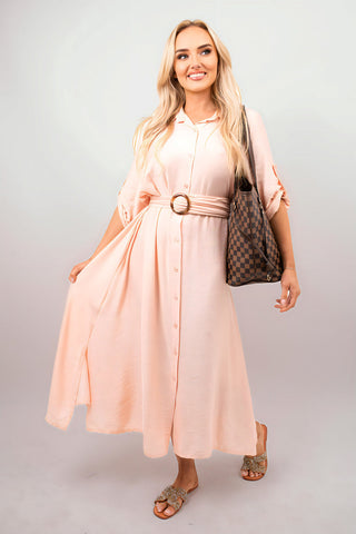 Belted Button Down Roll Tab Sleeve Midi Dress