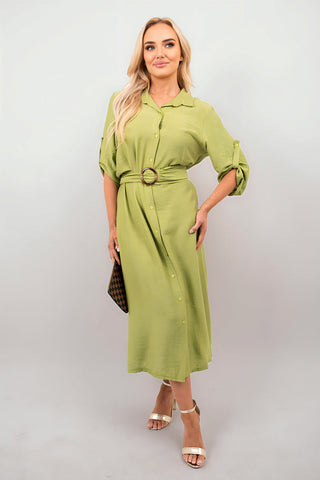 Belted Button Down Roll Tab Sleeve Midi Dress