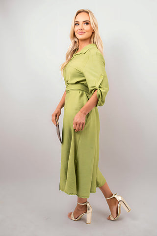 Belted Button Down Roll Tab Sleeve Midi Dress