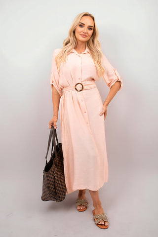 Belted Button Down Roll Tab Sleeve Midi Dress