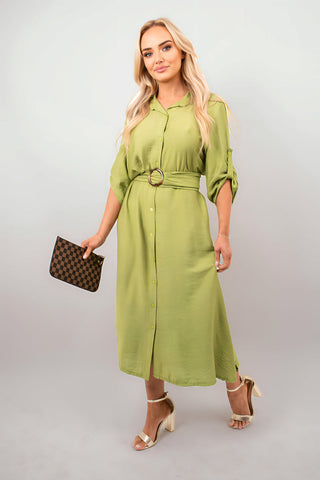 Belted Button Down Roll Tab Sleeve Midi Dress