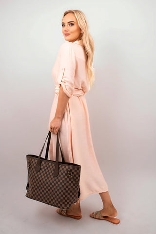 Belted Button Down Roll Tab Sleeve Midi Dress